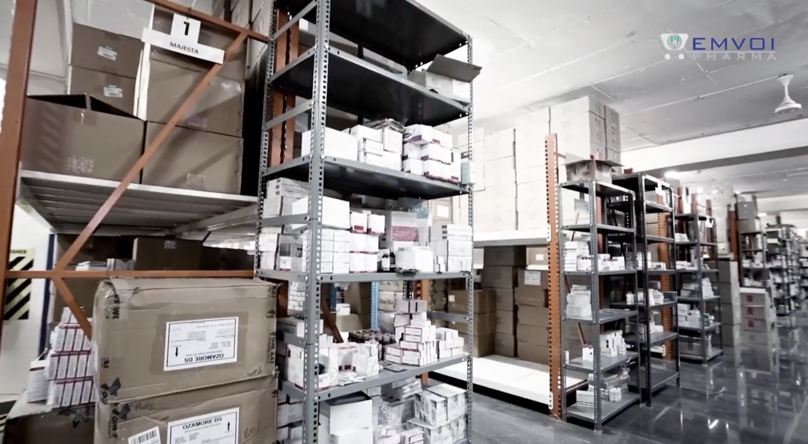Pharmaceutical inventory stored on warehouse racks